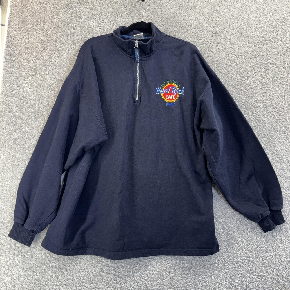 Hard Rock Cafe Sweatshirt Mens X Large Navy Blue Quarter Zip Paris‎ Embroidered
